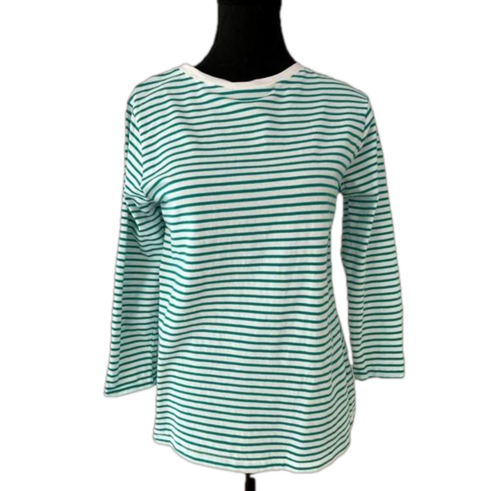 DUNNES STORES Green White Striped Cotton Blend 3/4 Sleeve T-Shirt Casual Basic